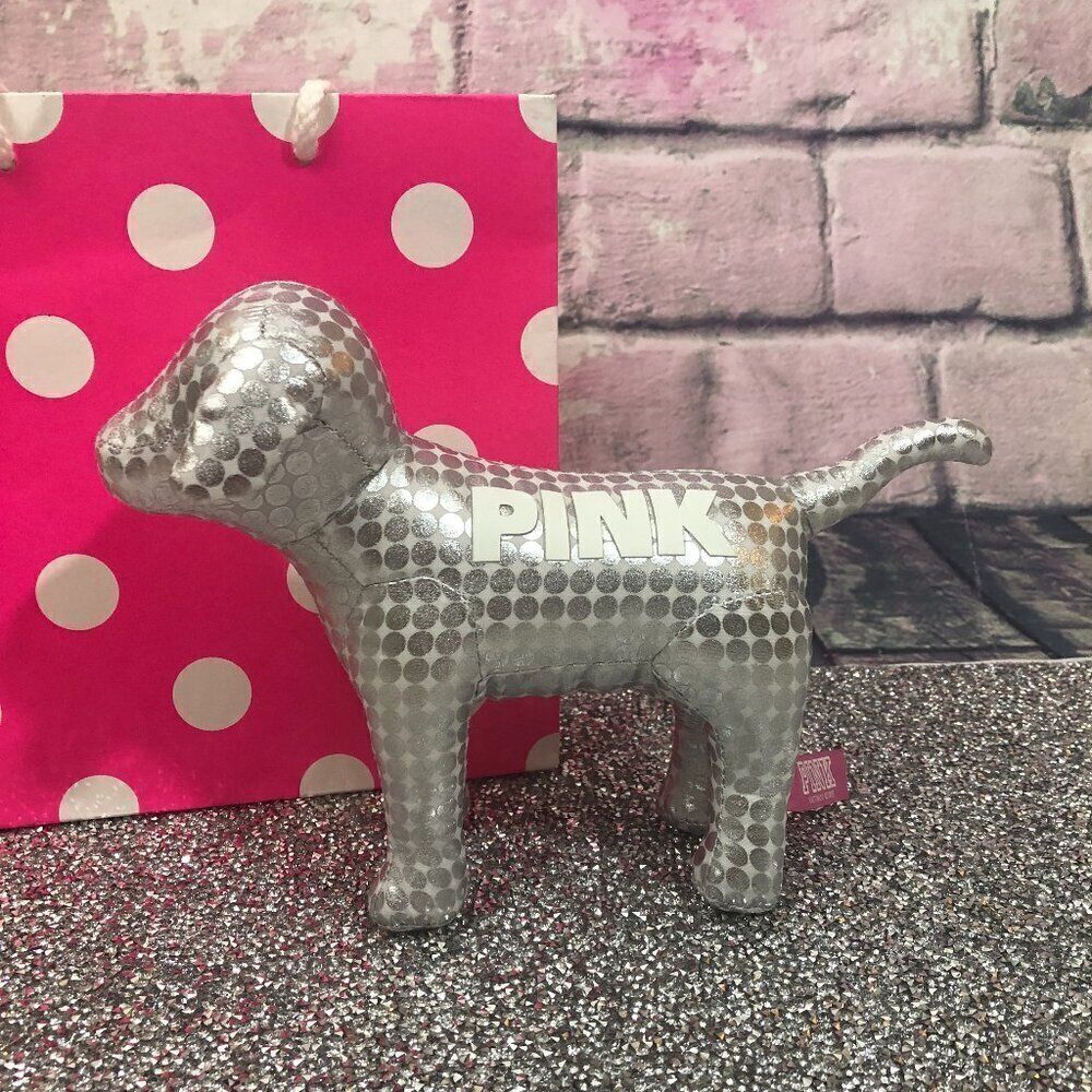 PINK Victoria's Secret Silver Metallic Polka Dot Plush Dog